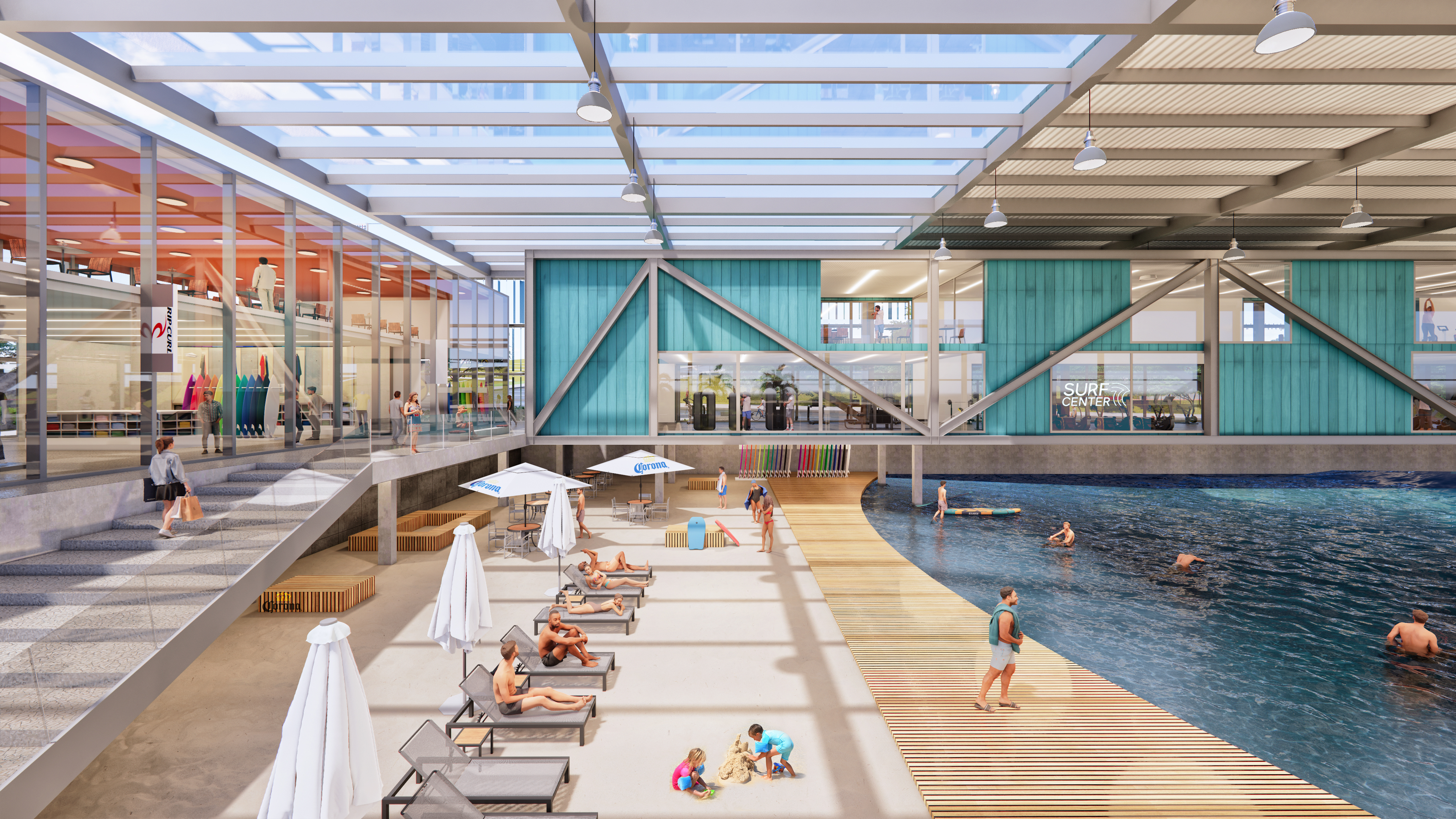 Vista aérea interna do clube Surf Center Ribeirão Preto com praia privativa de 700m²